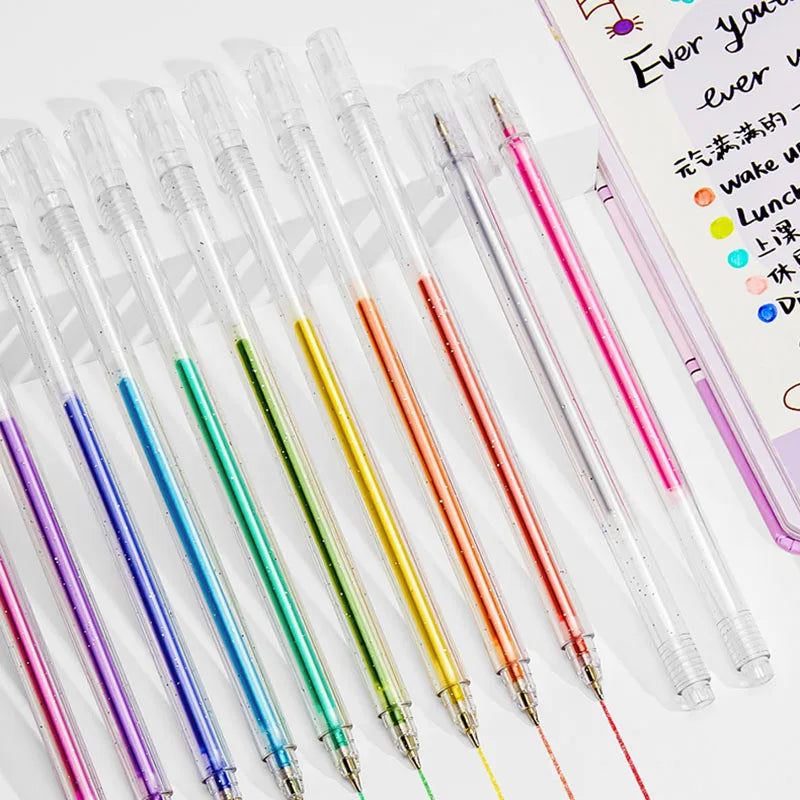 Set of 12 or 24 Glitter Pens, Liquid Sand Pens, Shimmer Gel Pens, and Aurora Glitter Pens—perfect for journaling and drawing