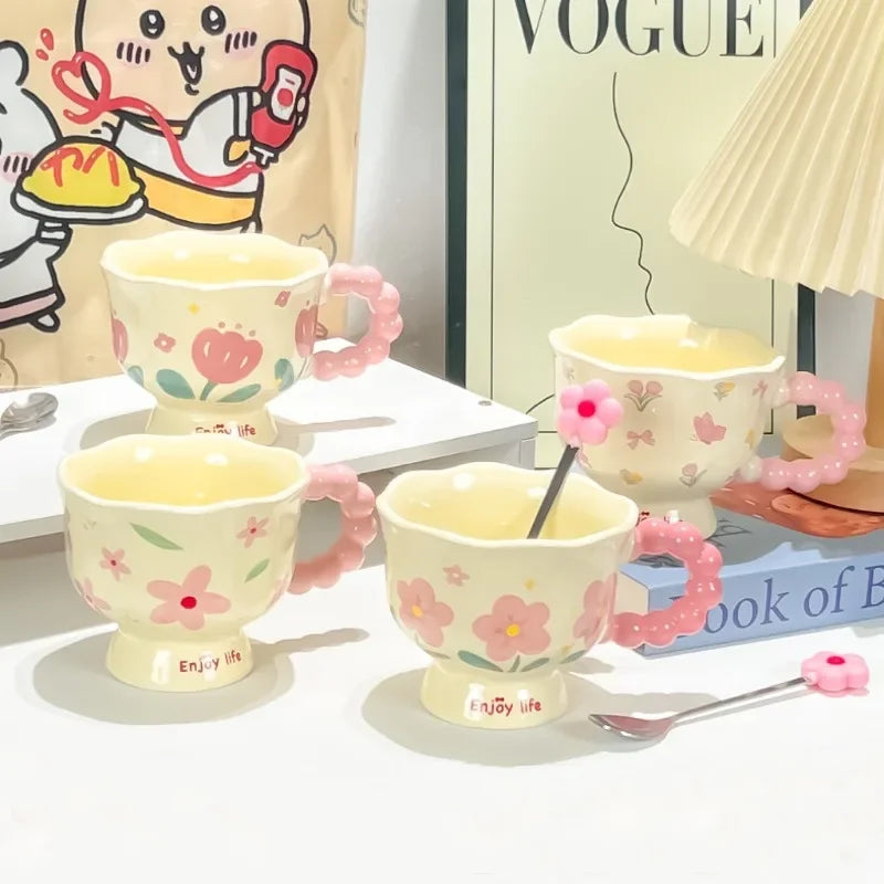 Girls Birthday Gift Souvenir Coffee Cup Mugs Coffee Cups Creative Flower Mug Household Ceramic Cup High Value Water Cup