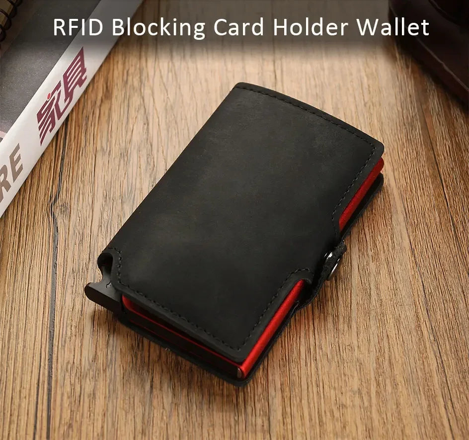 Rfid Credit Card Holder Luxury Split Leather Wallet Men Metal Slim Thin  Minimalist Wallet Bank Cardholder Case Travel Wallet