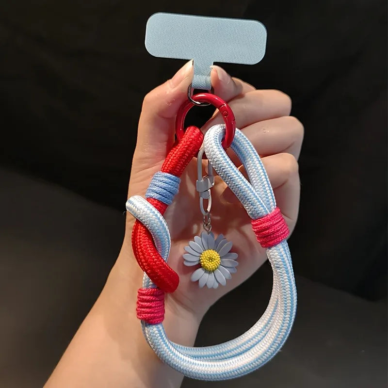 Cute 3D Flowers Adjustable Phone Lanyard Wrist Strap 2-in-1 Short Hand Rope Woven Stylish Mobile Accessory for Men and Women