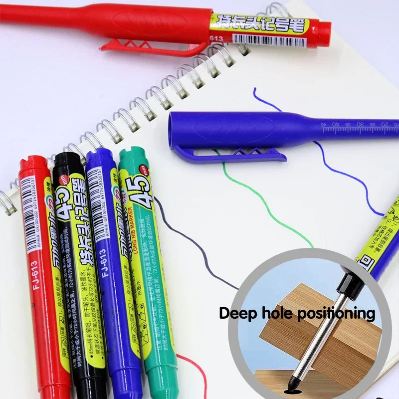 8Pcs 45mm Waterproof Long Head Nib Deep Hole Markers Pen Tile Carpenter Pen Multi-purpose for Woodworking Black/Blue/Red Ink