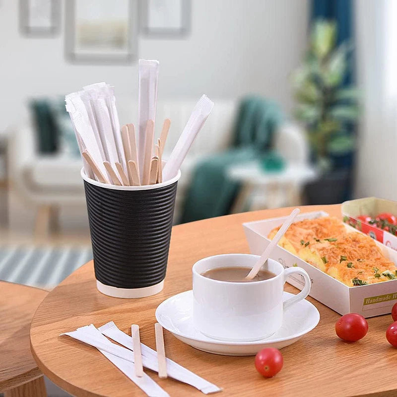 100/200/500Pcs Individually Wrapped Wooden Coffee Stirrers, 5.5-Inch Round End Disposable Stir Sticks for Cocktail & Hot Drinks