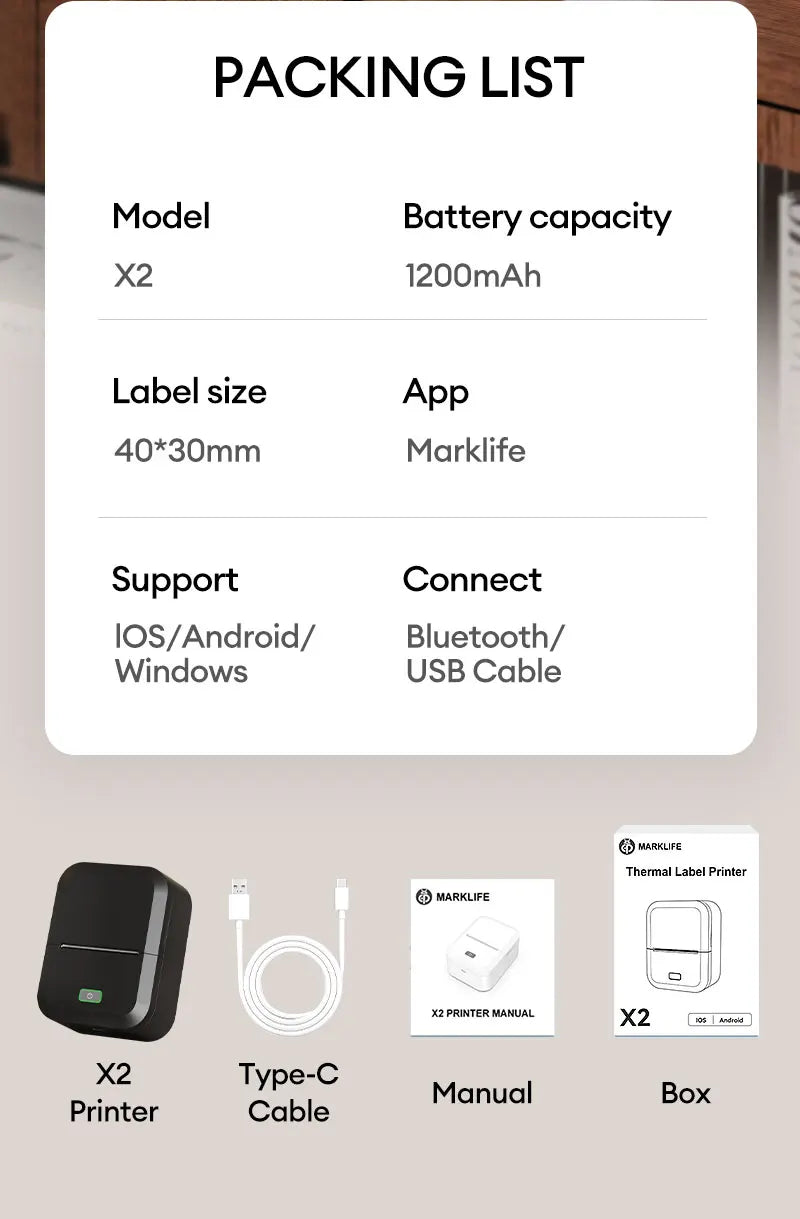 Marklif X2 Portable Thermal Printer Mini Pocket Printer Self-Adhesive Sticker Labeling Machine Similar as B21 B1 Printer Noink