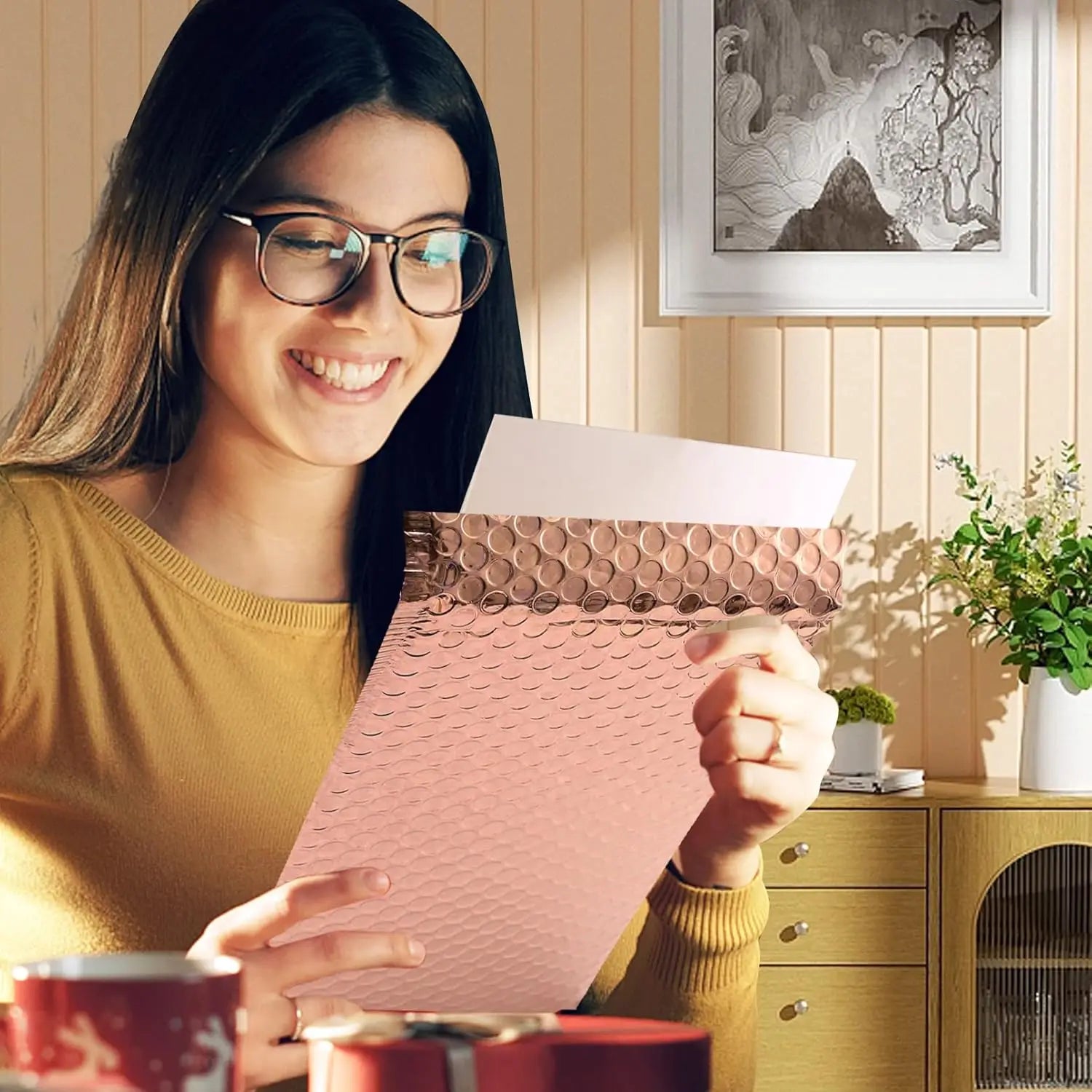 Holographic Pink Bubble Mailers Self Seal Padded Envelopes Waterproof Shipping Bags for Small Business