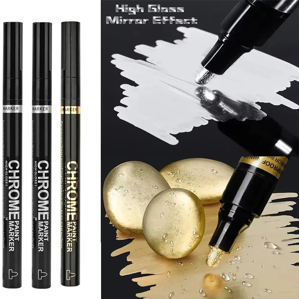 5/1pcs Chrome Pen Marker Mirror Waterproof Paint Repair For Rock Ceramic Glass Metallic Gold/Silver 2mm Nib