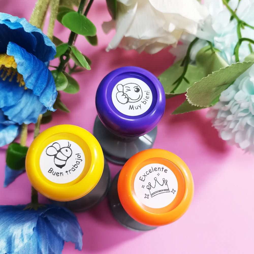 Color 3 pieces large Spanish encouragement stamp Teacher comment stamp grade homework with automatic ink can be re-filled