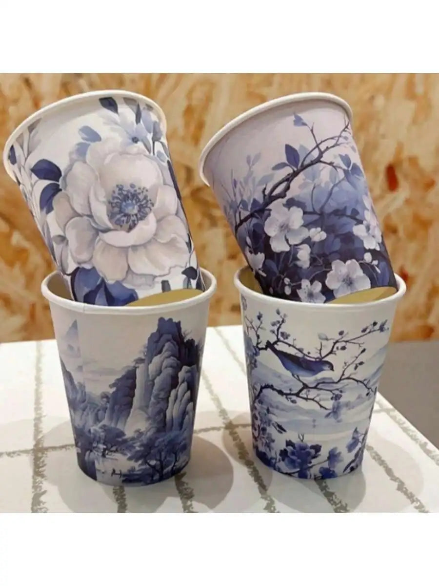 Blue and white porcelain style paper cups with different patterns, thickened office and household commercial beverage cups