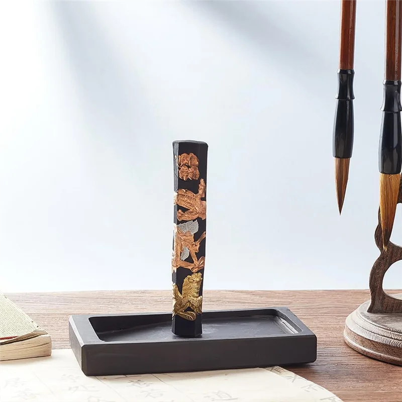 Durable-Chinese Calligraphy Inkstone Rectangle Dragon Phoenix Pattern Inker Sets Traditional Chinese Ink Stones With Ink Stick 1