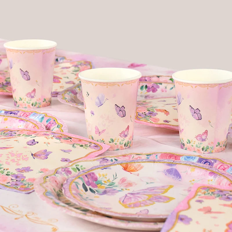 Butterfly Disposable Tableware Set Paper Plate Cup Napkins Pink Butterfly Birthday Party Decoration Baby Shower Wedding Supplies