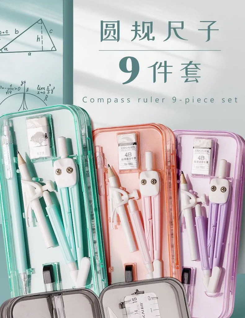 Compasses and Rulers 9-piece Set Kawaii Triangle Ruler Ruler Student Set Ruler Multi-functional Mathematical Drawing Compass Set