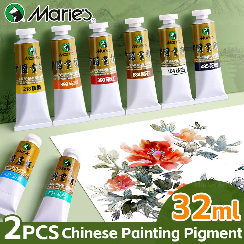 Marie's Chinese Painting Pigment Set,2pcs 20 Colors 32ml/1.13oz Tube,Watercolor Sumi Paint Kit for Drawing,Writing,Ink,Landscape