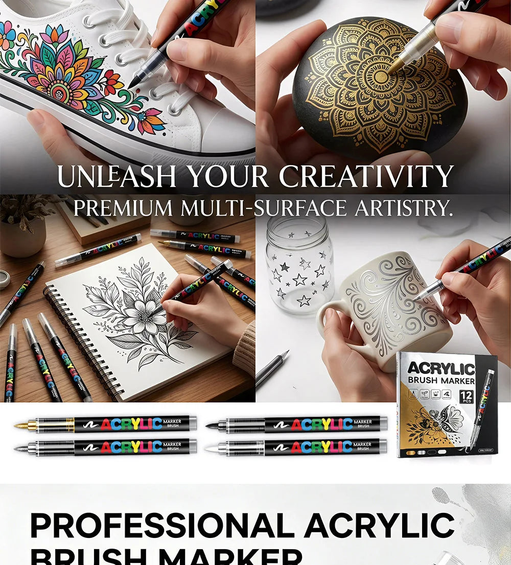 12 Pcs Black and White/Gold and Silver Acrylic Paint Markers Set, Large Ink Capacity, Skin Color Brush Markers Pen Art Supplies