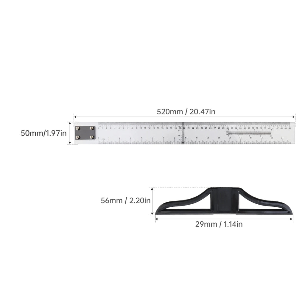 Metric & Imperial Scales Aluminum Alloy Angle Triangle Ruler 45cm T Square Acrylic Ruler Measuring Tool Set for Carpentry