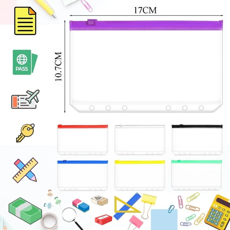 2-24Pcs Clear A6 6-Hole Binder Pockets Waterproof PVC Organizer Cash Budget Envelopes Zipper Binder Pouches for Notebook Planner