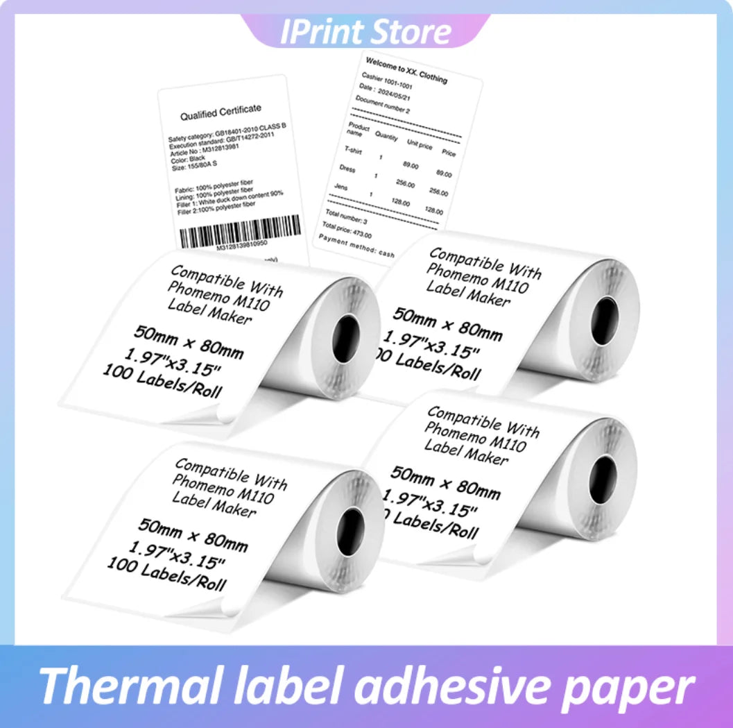 50x80mm Thermal Adhesive Labels, Direct Thermal Sticker Paper Compatible with M110/M220, for Shipping, Supermarket Price Tags