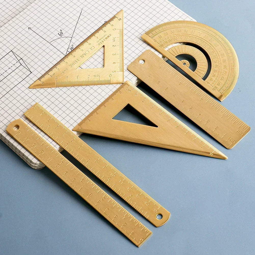 Retro Brass Straight Ruler Student School Office Stationery Metal Triangle Rulers Protractor Painting Drawing Measuring Tools