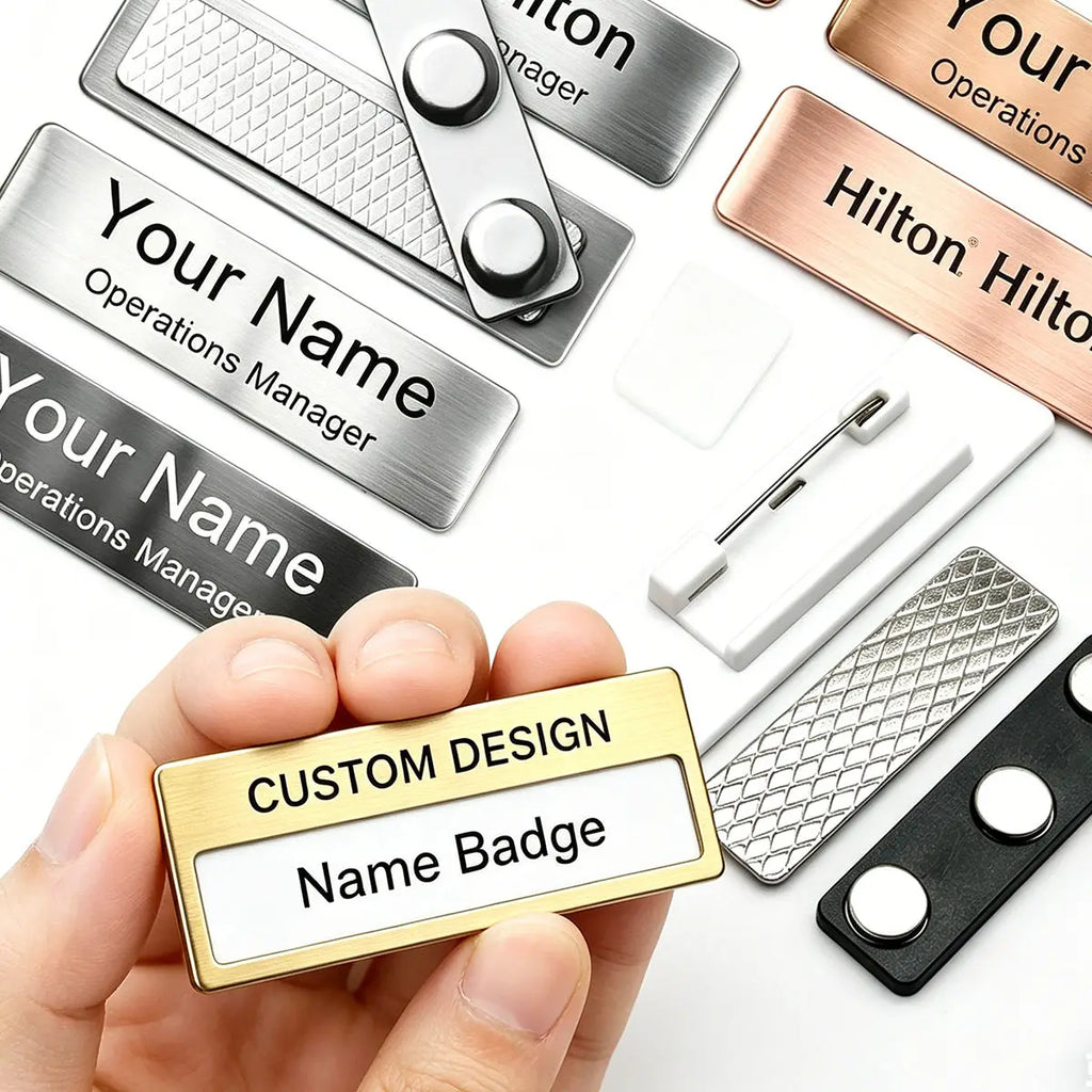 Metal Badges Pin Stainless Steel Custom Your Logo Engraved Staff Name Badge Personalized Metal ID Tag With Magnet Pin Backing