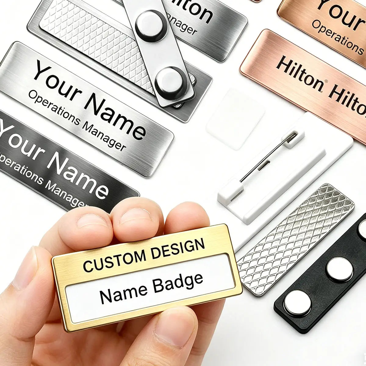 Metal Badges Pin Stainless Steel Custom Your Logo Engraved Staff Name Badge Personalized Metal ID Tag With Magnet Pin Backing