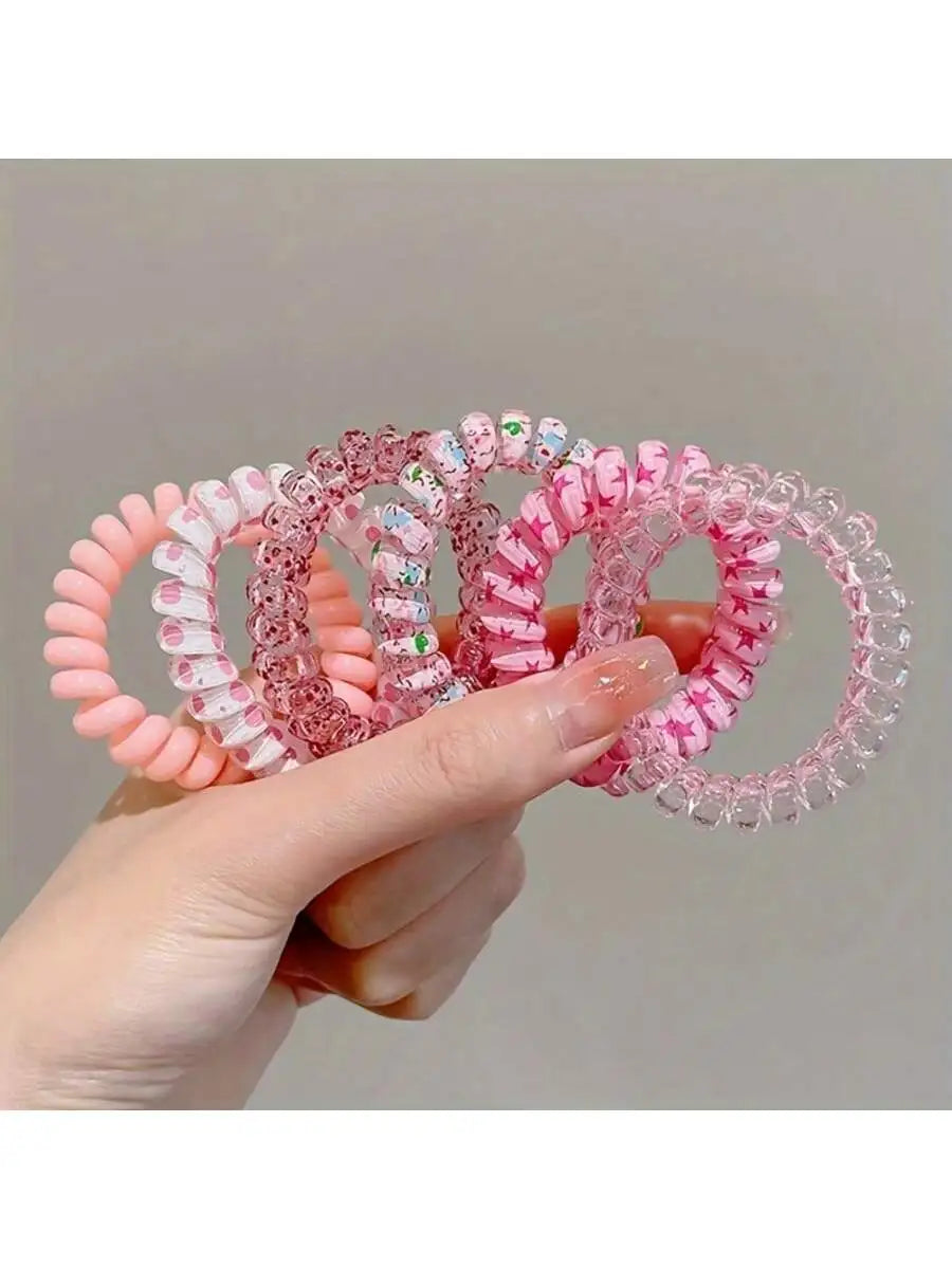 Set Women Fashion Telephone Wire Elastic Hair Band Colorful Printed Spiral Cord Rubber Band Hair Ties Hair Accessories Gift