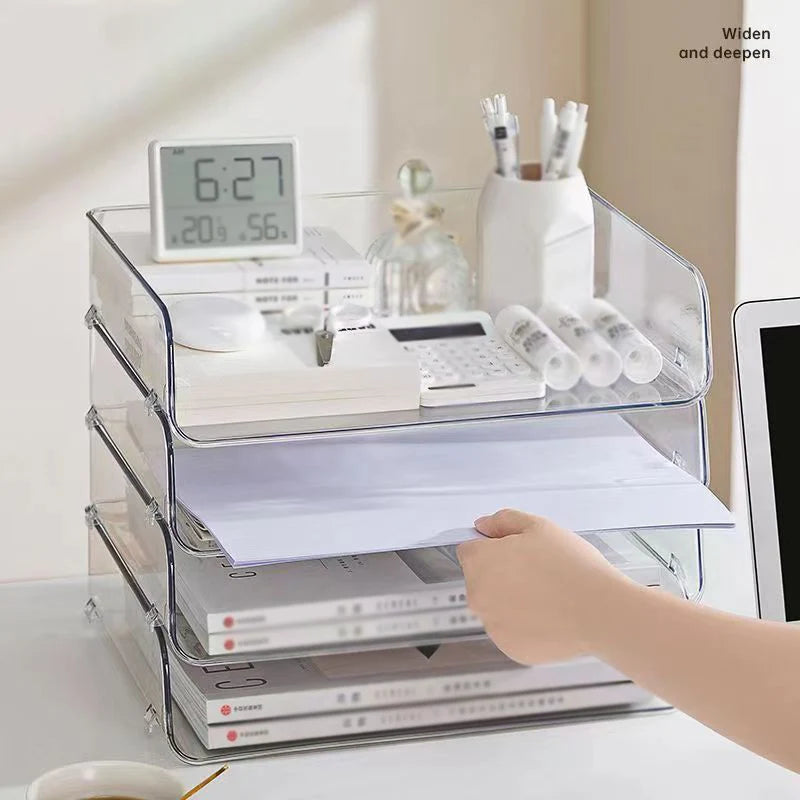 Desktop File Organizer Stackable Storage Tray Clear Paper Rack Stationery Box Transparent Holder Home Office Magazine Book Shelf