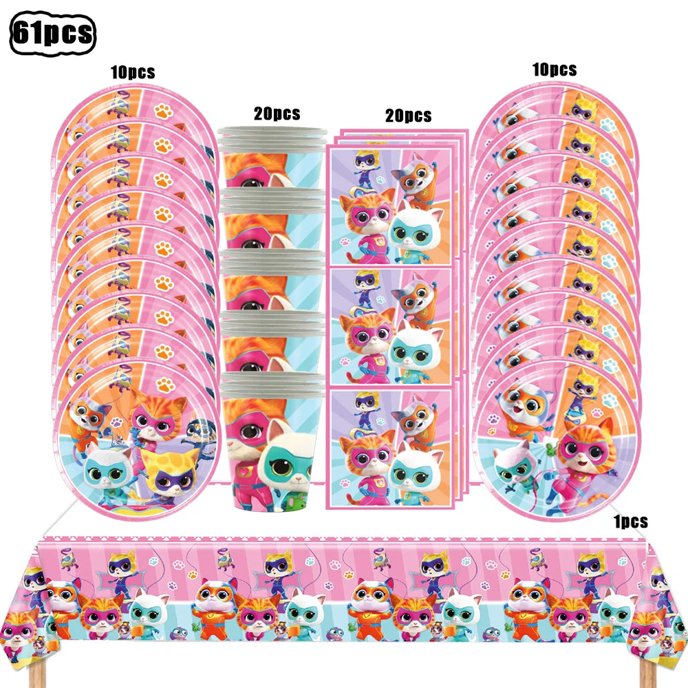 Superkitties Happy Birthday Party Decor Paw Meow Cat Super Kitties Tableware Tablecloth Plate Cup Gift Set Kid Party Supplie Toy