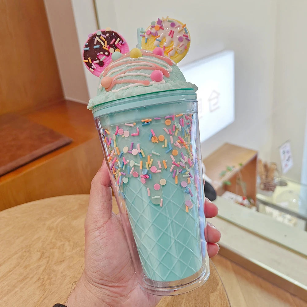 450ml Fashion Cartoon Ice Cream Straw Cup Adorable Plastic Bear Drinking Cup With Lid Milk Tea Cup For Women Girls Outdoor Home