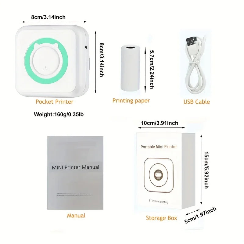 Portable Mini Label Printer - 57mm Wide, 200dpi Photo Printing, Rechargeable USB-Powered, Compact Design for Home Office