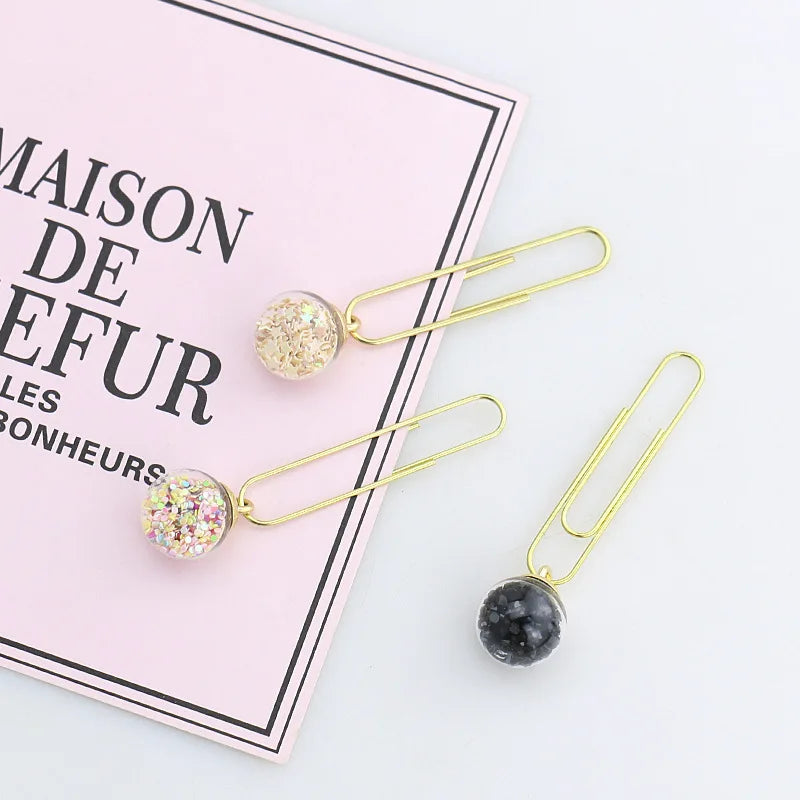 5 Pcs/Set Quicksand Crystal Ball Paper Clip DIY Metal Notes Letter File Binder Clips Bookmarks Office Desktop Storage Stationery