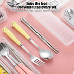 Cute Cartoon Travel Tableware with Case Portable Utensils Cutlery Set Reusable Flatware Silverware Include Fork Spoon with Case