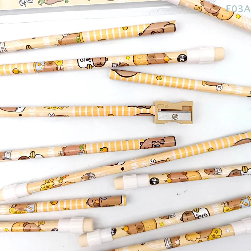 12pcs Cute Cartoon Capybara HB Pencils Stationery Set With Pencil Sharpener School Students Stationery Gift