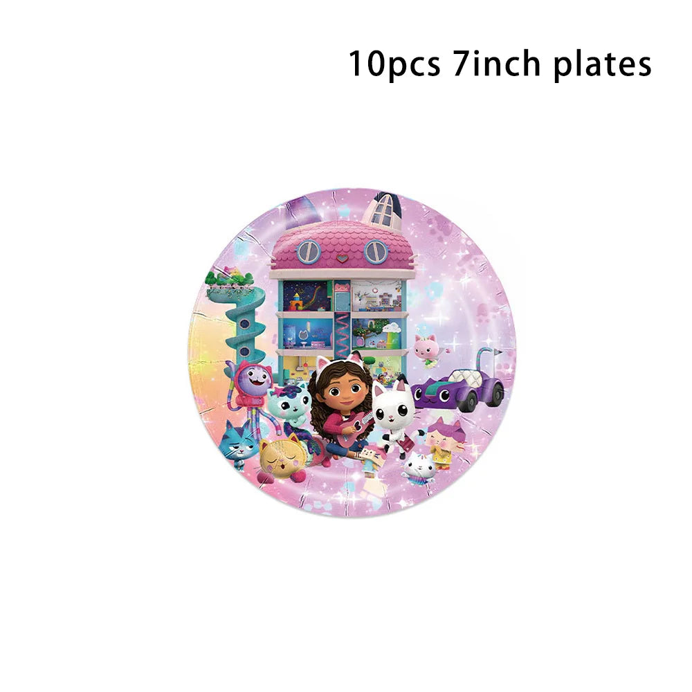 50-1pcs Gabby Dollhouse Birthday Party Plates Cups Napkins Cat Girls Disposable Tableware Kids Happy Birthday Decor Supplies