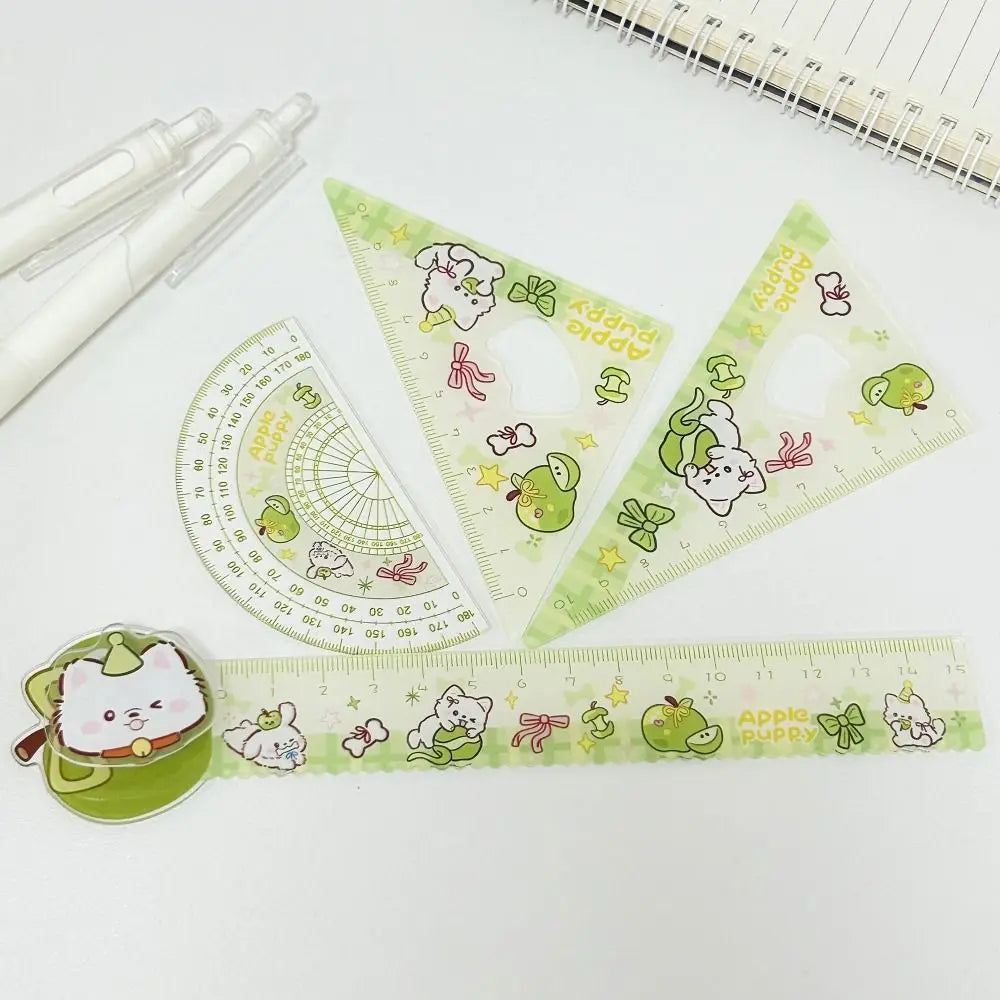 4pcs New Acrylic Ruler Set Red Kitten/Green Puppy Measurement Drawing Stationery Straight Ruler Set Square School Office