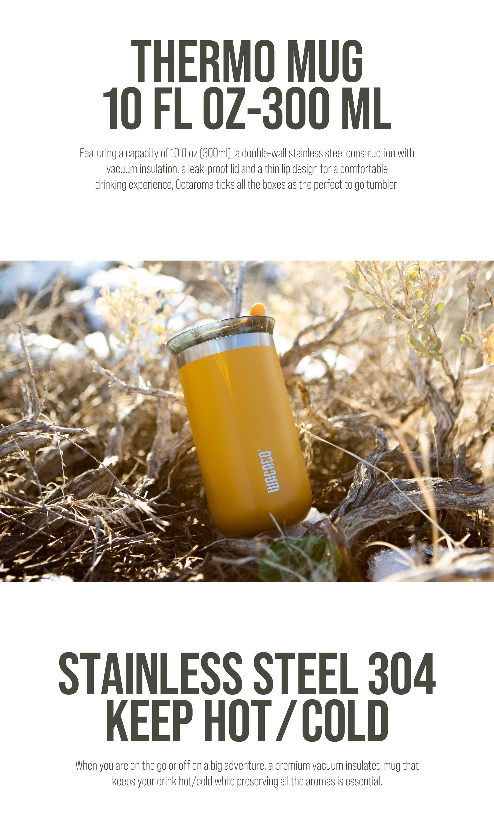 WACACO Octaroma Vacuum Insulated Coffee Mug, Double-wall Stainless Steel Travel Tumbler, 6/10/15 fl oz, thermo, Valentines Gift