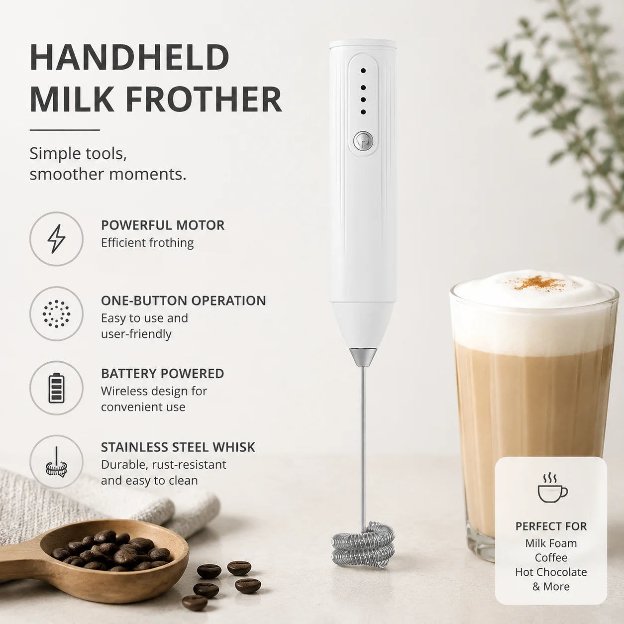 Handheld Milk Frother Type-C Rechargeable Cordless Foam Maker 304 Stainless Steel Mini Mixer for Coffee Matcha Egg Baking Home