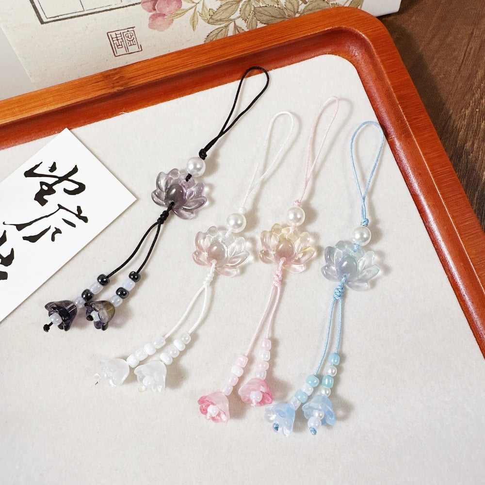 New Chinese-style Handmade Beaded Lotus Pendant Key Chains Mobile Phone Chain for Women Men Ethnic Charm Jewelry Accessory Gift
