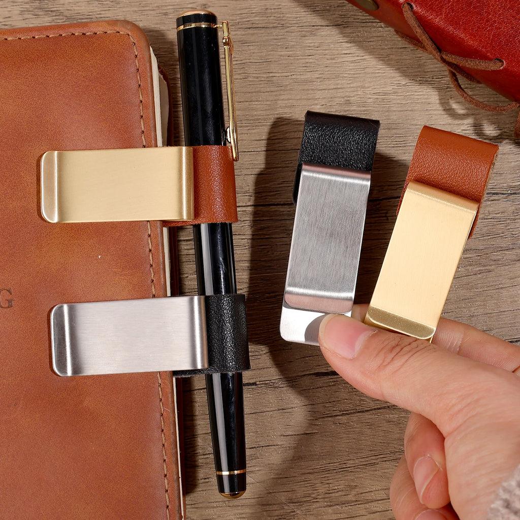 6-1PCS Stainless Steel Leather Pen Holder Pencil Clamps Notebook Bookmark Practical Organizer Clip Pen Holder Office Stationary