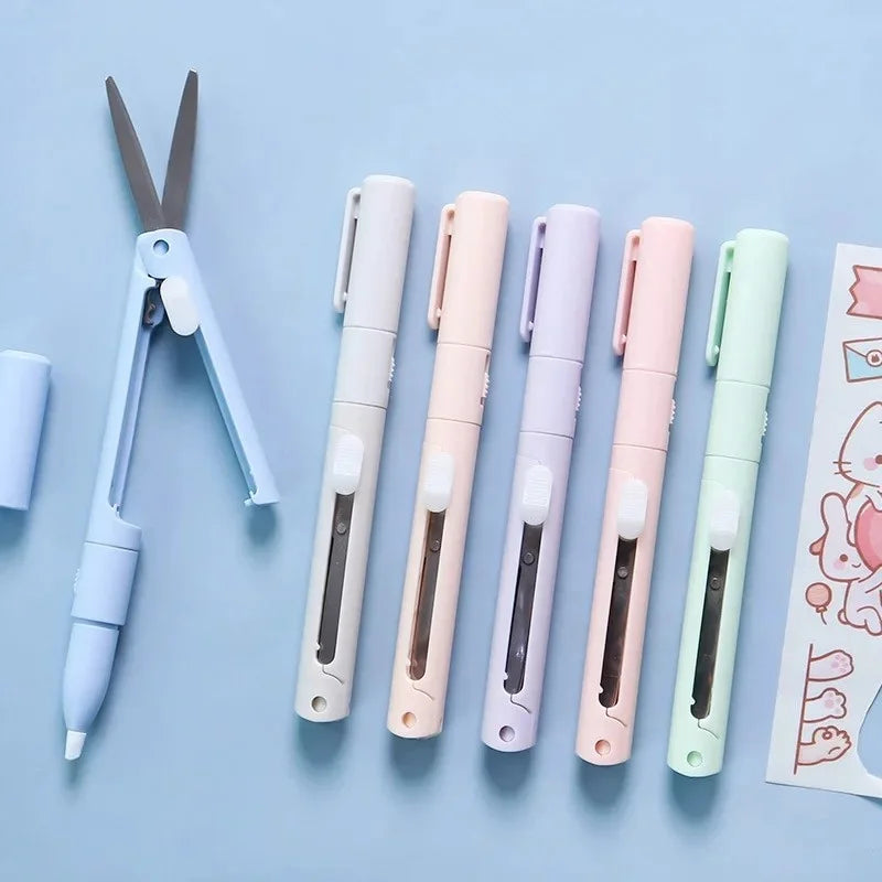 2 In 1 Mini Folding Scissor Pen Cutter Portable Size Safe Ceramic Pencutter Utility Knife For School Stationery Office Supplies