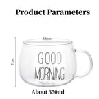 1pc Creative Glass Coffee Tea Cup 350ml Letter Printed Mug Drinks Dessert Breakfast Milk Cup Glass Mugs Handle Drinkware