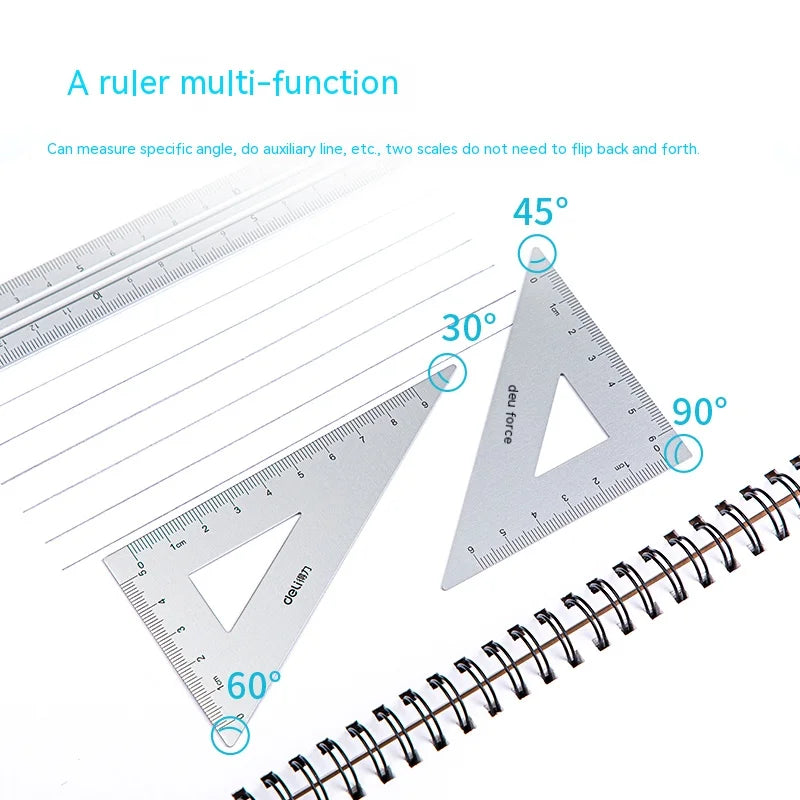 Deli 4Pcs Student Stationery Set Triangle Ruler Straight Ruler Grid Ruler Angle Measuring Tool Aluminum Alloy Material