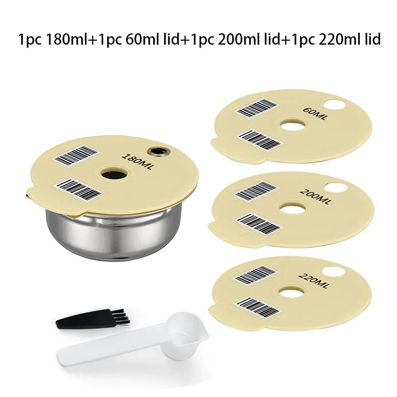 Stainless Steel Reusable Tassimo Pods with 4 Black Silicone Lid Tamper Compatible for-Bosch Tassimo Machine