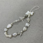 Beaded Phone Chain Charm Lanyard for iPhone Samsung, Cute Baroque White Bow, Flower Charm, Universal Accessories Jewelry Pendant