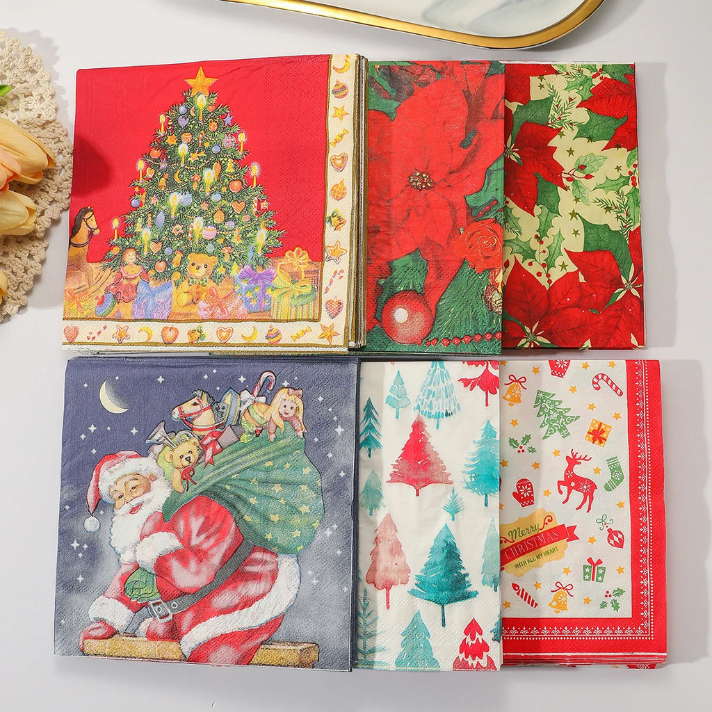 Christmas Party Napkins Disposable Dinner Serviettes Santa Claus Christmas Tree Gifts Flower Element Style Art Decoupage Napkins