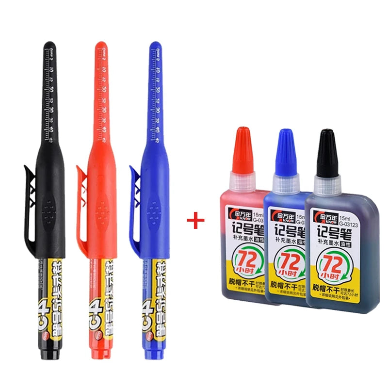 45mm Waterproof Deep Hole Marker Pens Long Nib Head Carpenter Pen Black/Blue/Red Ink for Multi-Purpose Woodworking Hand Tools