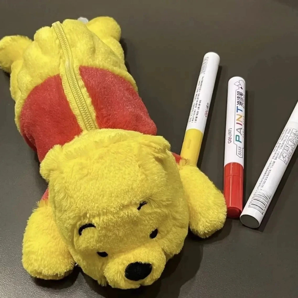 Cute Winnie the Pooh x Stitch Plush Doll Pen Bag, Large Capacity Student Stationery Pouch, Cartoon Pencil Case for School Gift
