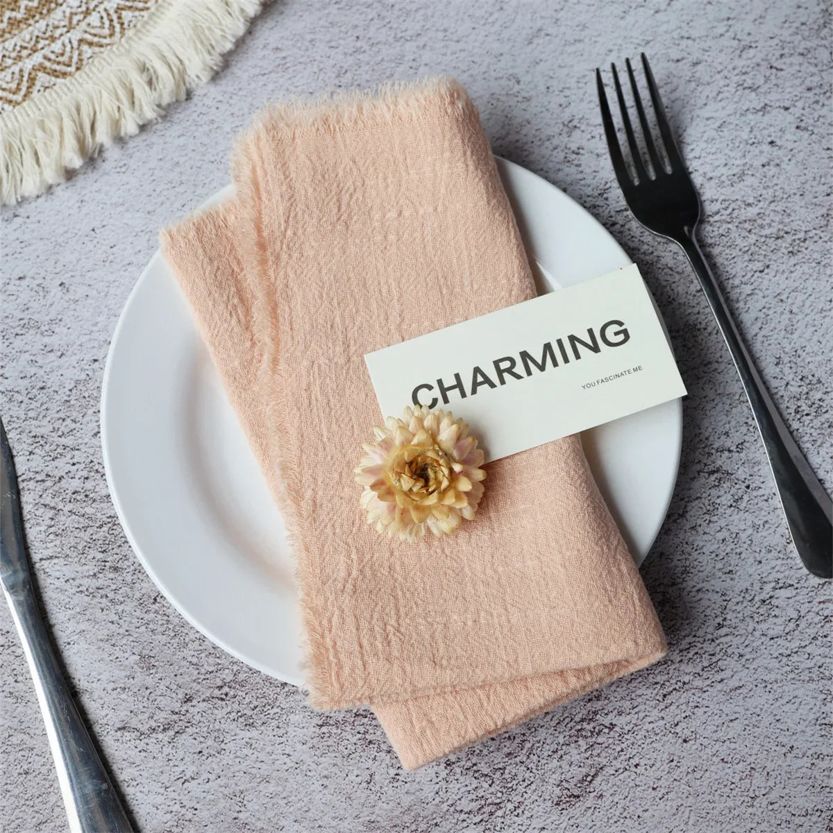 10Pcs 32x32cm Handmade Cloth Napkins with Fringe, Delicate Rustic Decorative Table Napkins for Wedding/Dinner/Party