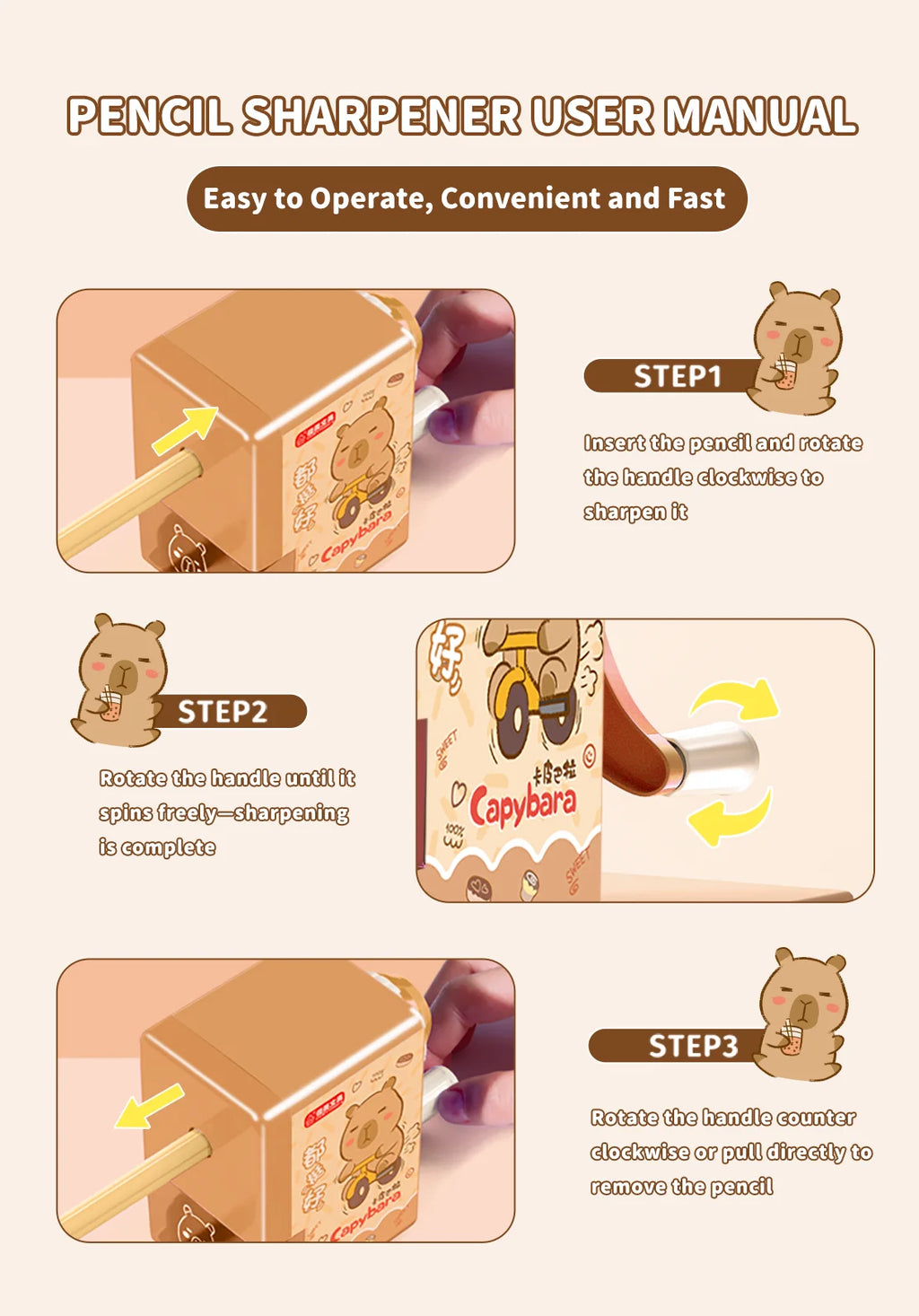 Capybara Pencil Sharpener Fast Sharpening Easy to Use for Kids Students School Office Stationery Cute Anime Merch Kawaii Gift