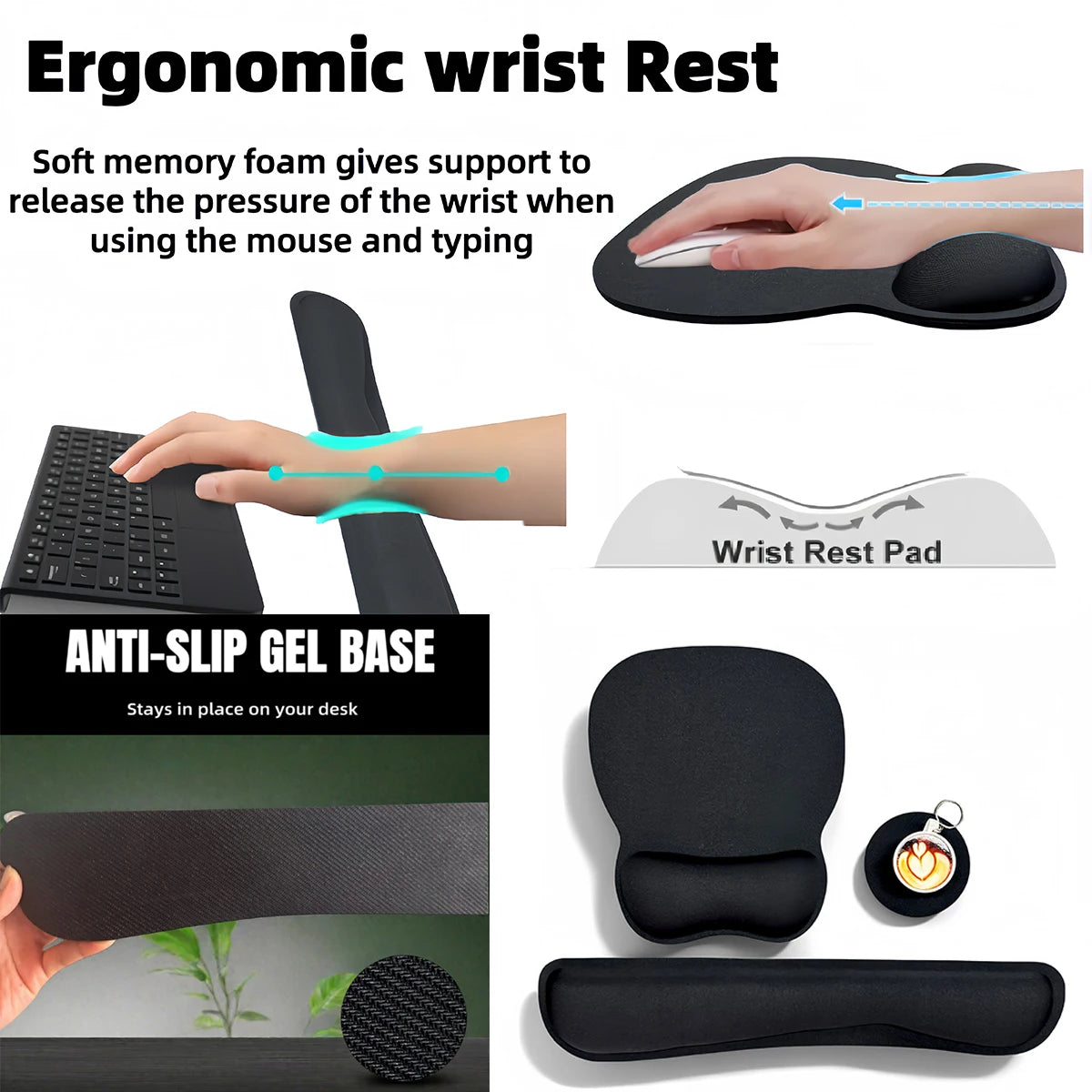Keyboard Wrist Rest Pad and Mouse Pad with Wrist Support Set (3 Pieces), Mouse Pad with Non-Slip Rubber Base, Ergonomic Memory F