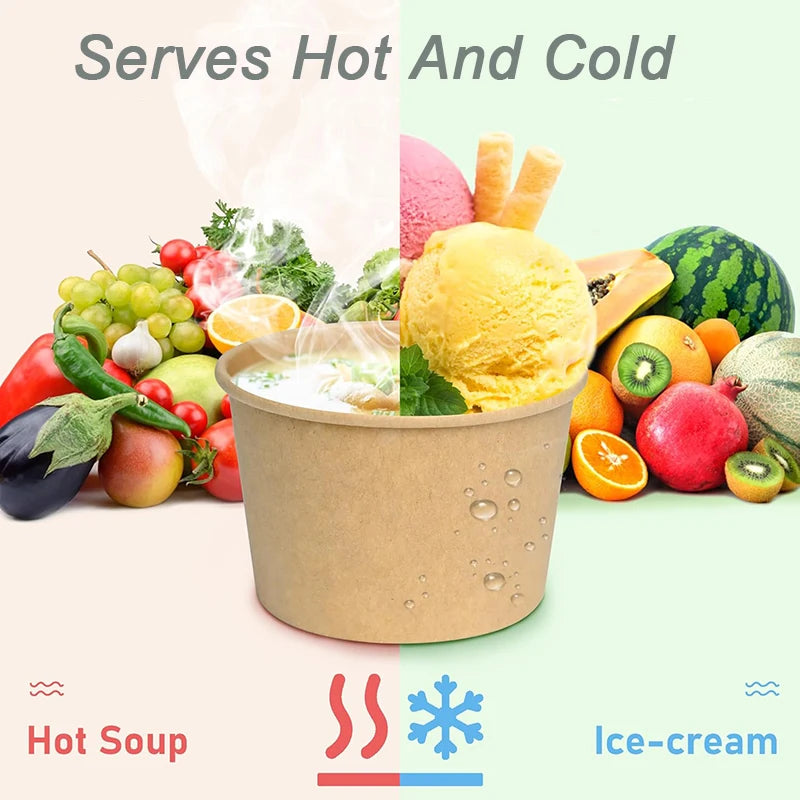 50Pcs Paper Ice Cream Cups, 8Oz Disposable Bowls for Hot Cold Food, Party Containers for Dessert, Sundae, Frozen Yogurt, Soup