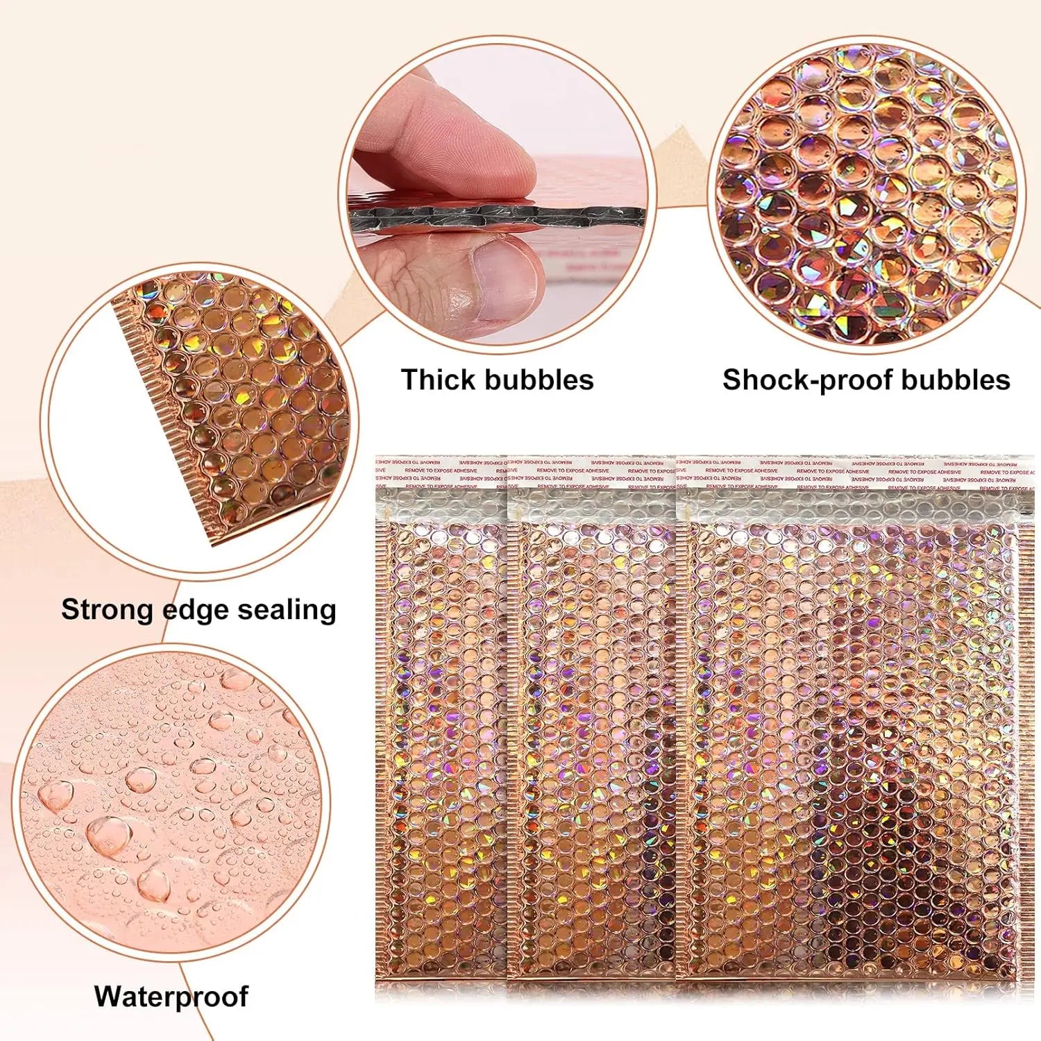Holographic Pink Bubble Mailers Self Seal Padded Envelopes Waterproof Shipping Bags for Small Business