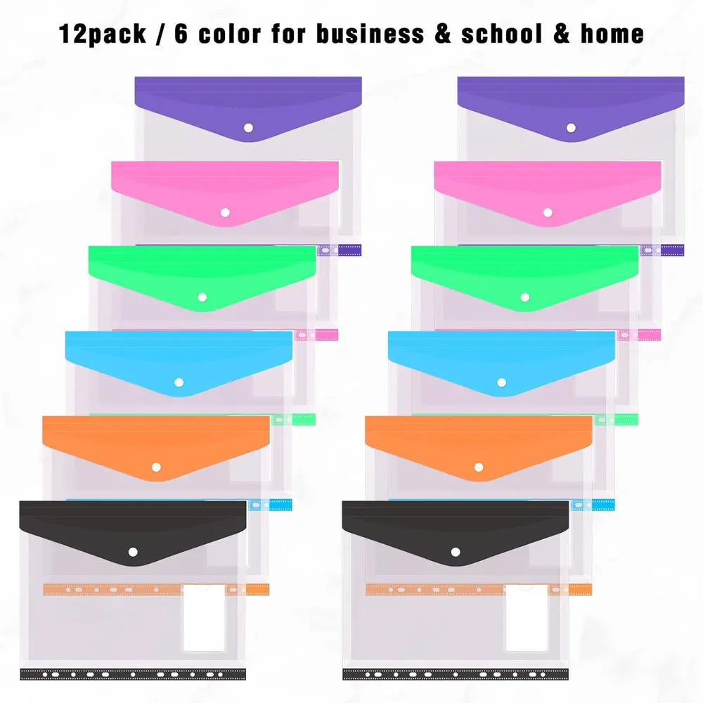 12pcs Six-Color File Organizer, 11-Hole Plastic Expanding Folder for 2/3/4 Ring Binders with Snap Closures and Blank Labels.
